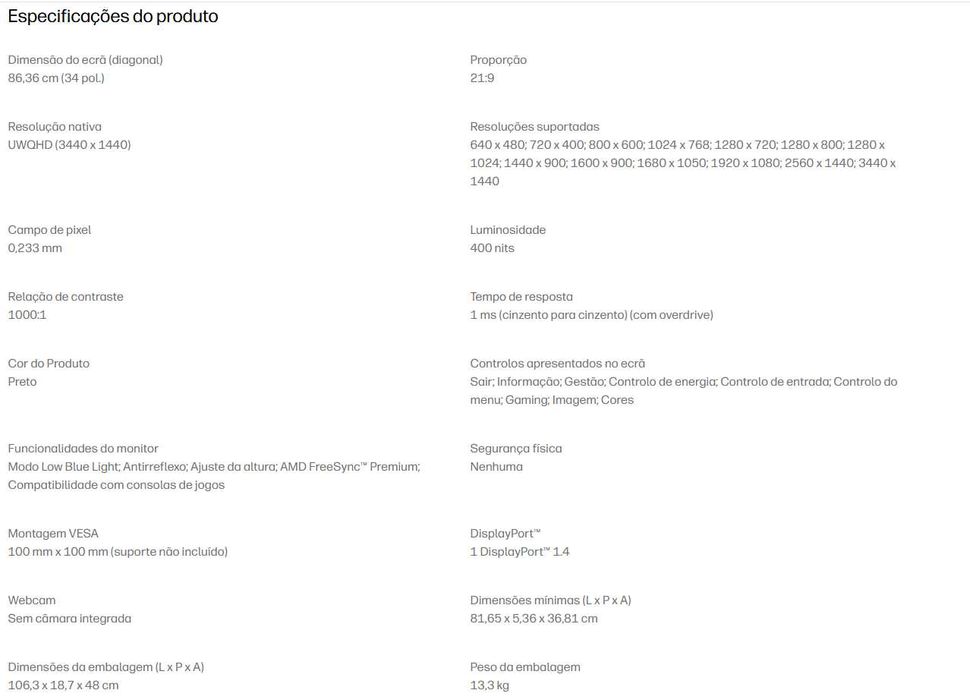 Monitor Gaming 34'' HP X34 UWQHD