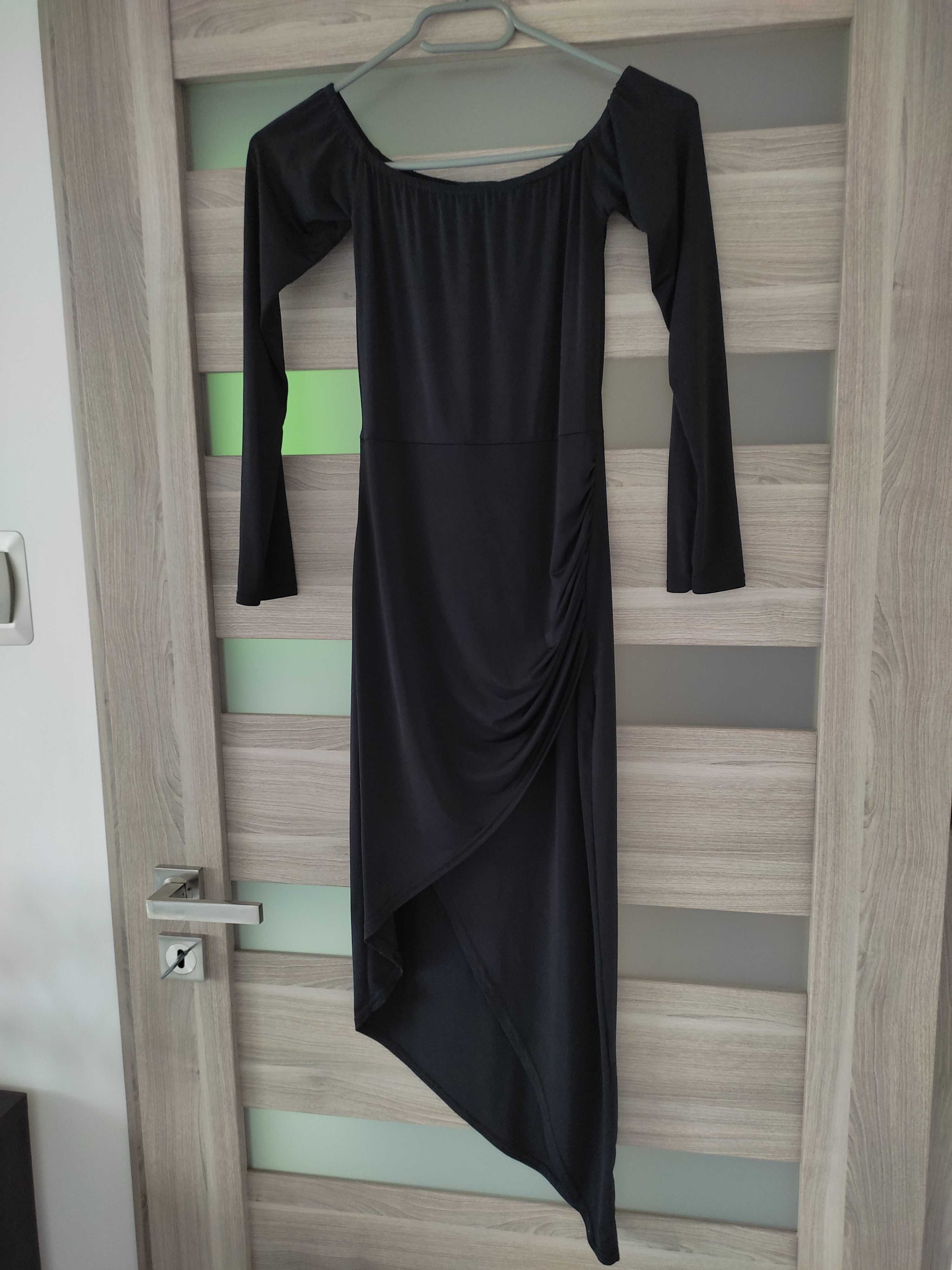 Czarna asymetryczna przekładana sukienka z drapowaniem New Look roz 36