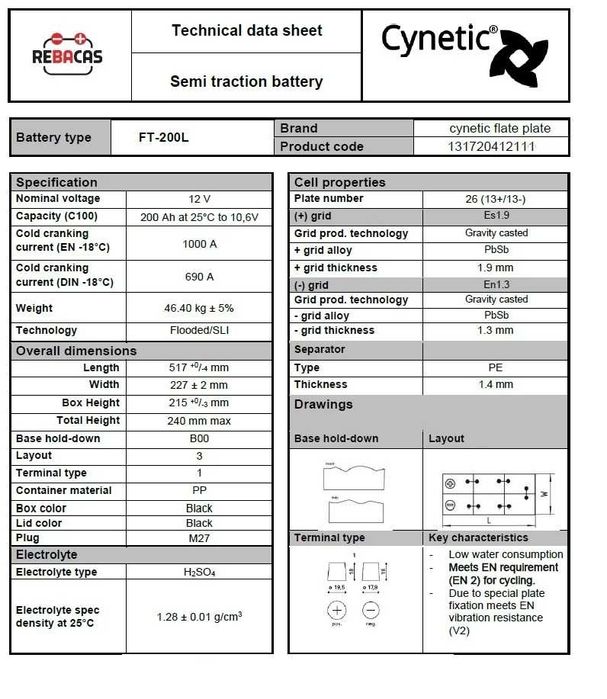 Bateria solar monobloco 12v 200Ah Placa plana Cynetic