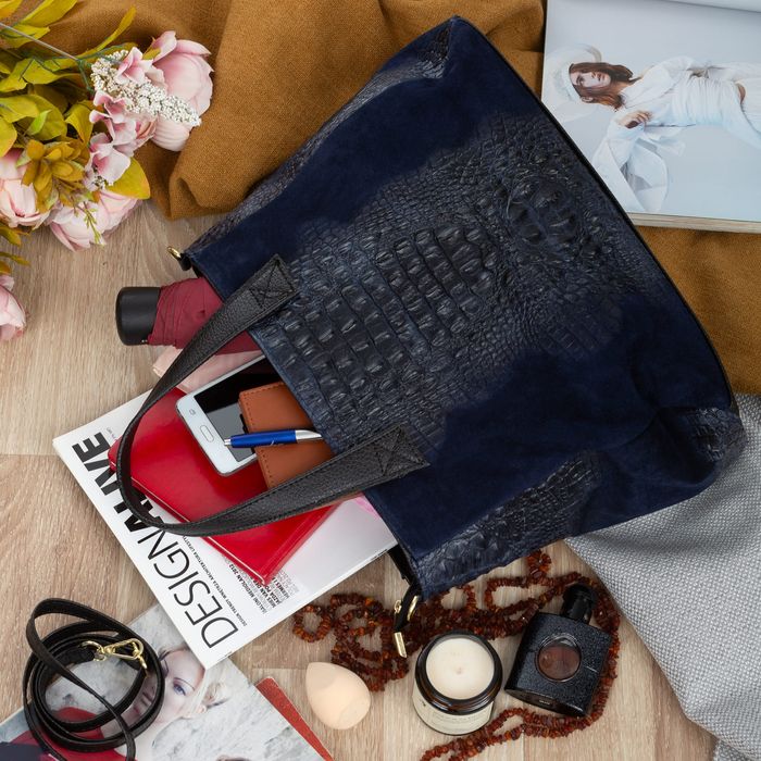 VERA PELLE torebka zamszowa shopper kroko z paskiem V543 granatowa