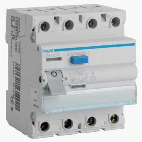 Пристрій захисного відключення УЗО Hager 4Р АС 30mA 25A CDA425D