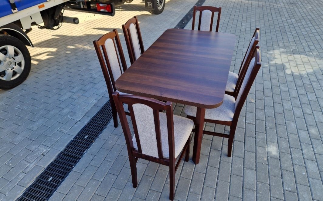 Nowe: Stół 80x140/180 + 6 krzeseł, orzech + kawa z mlekiem, transPL