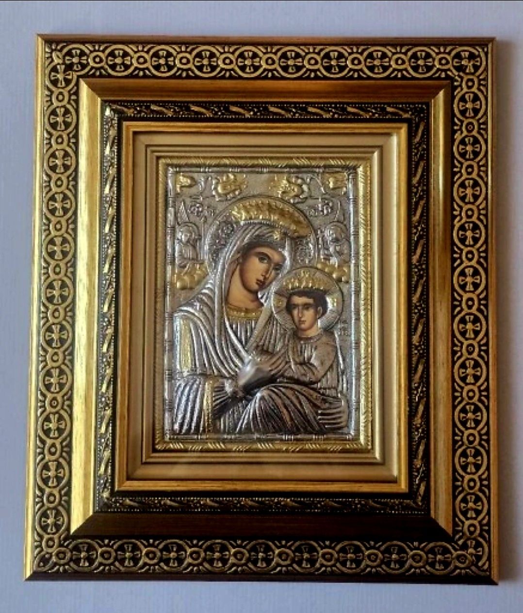 Ikona w kiocie GRECKA na desce Matka Boska z Dzieciątkiem Jezus.