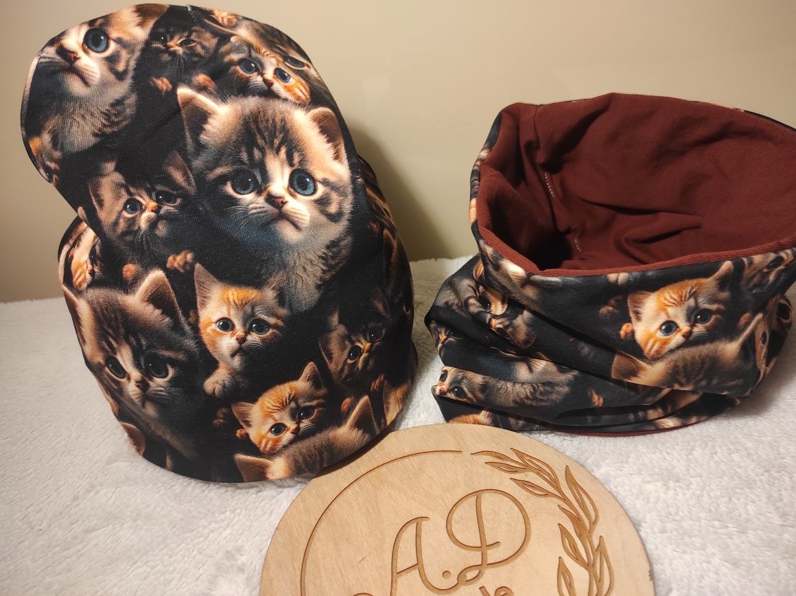 Komplet czapka komin bawełniane urocze kociaki