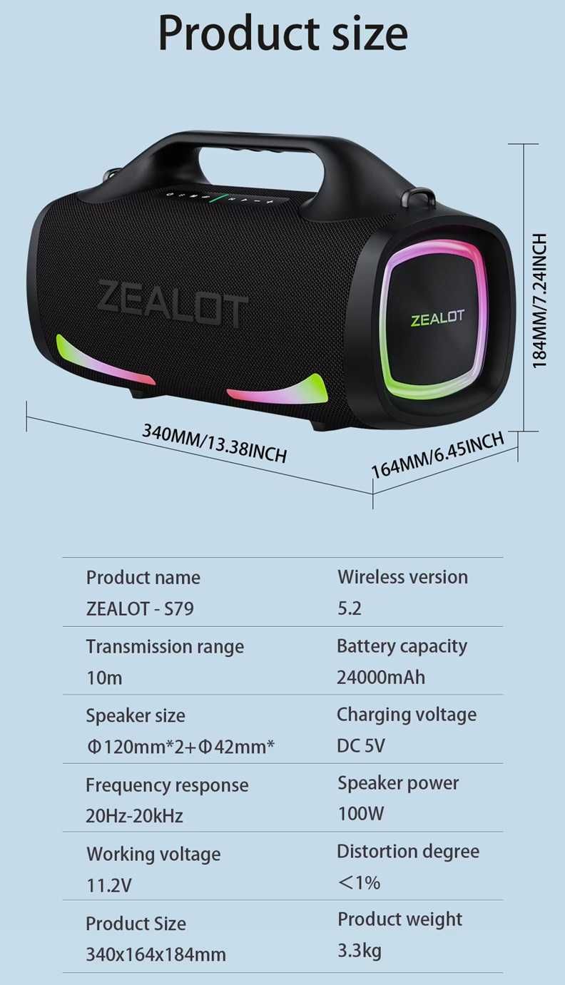 ZEALOT S79 Zewnętrzny głośnik Bluetooth 100W - 24000mAh - Nowy