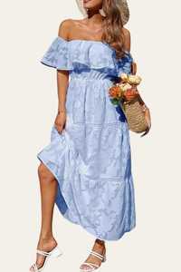 Шикарное длинное голубое платье с открытыми плечами, р. S