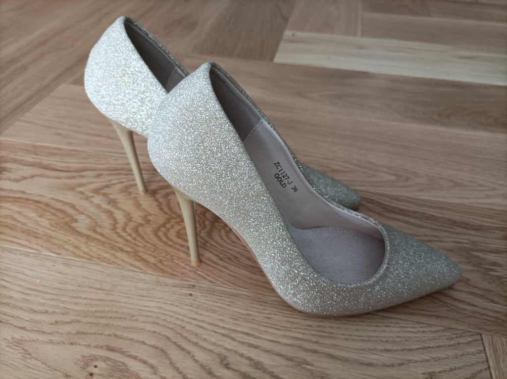 Nowe buty damskie szpilki 36 złote brokatowe