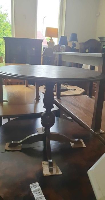 Stolik drewniany dębowy okrągły toczona noga stylowy ciemny FV DOWÓZ