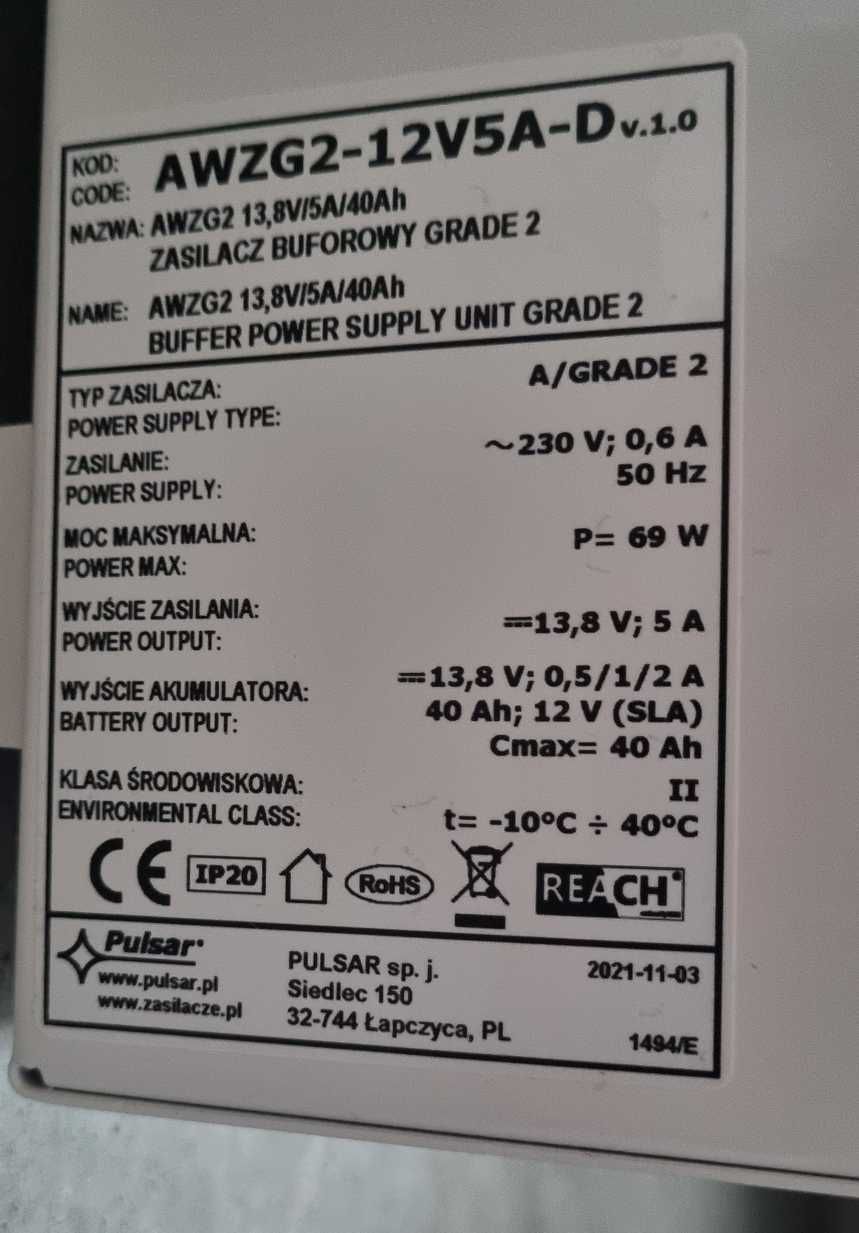 Zasilacz 13,8V/5A/40Ah Pulsar AWZG2-12V5A-D