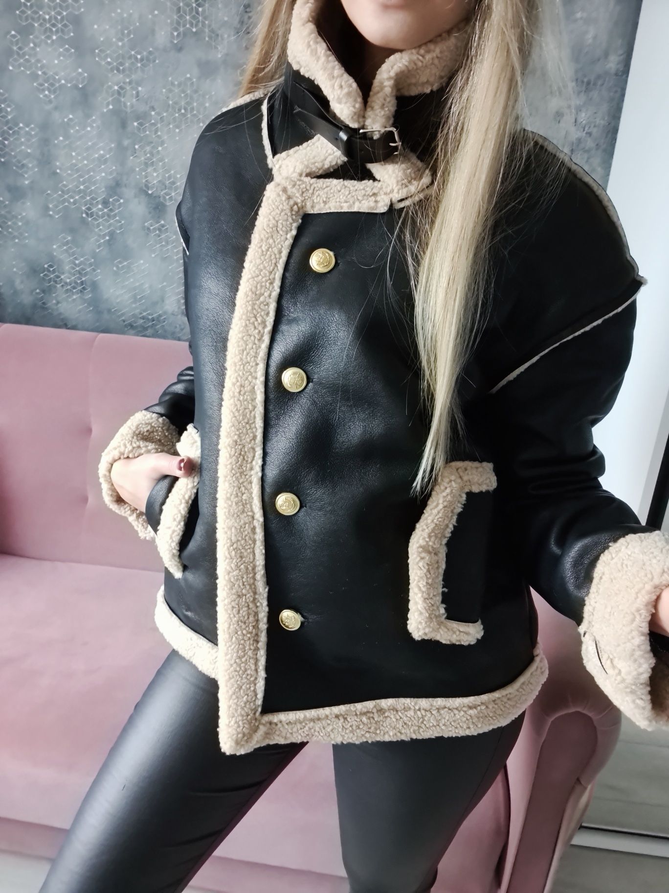 Gruba kurtka vintage kożuszek baranek ramoneska teddy czarna złote