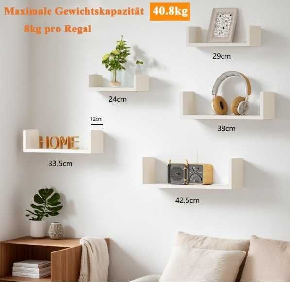 Regał ścienny, biały, 5 sztuk, 5 regałów, drewno