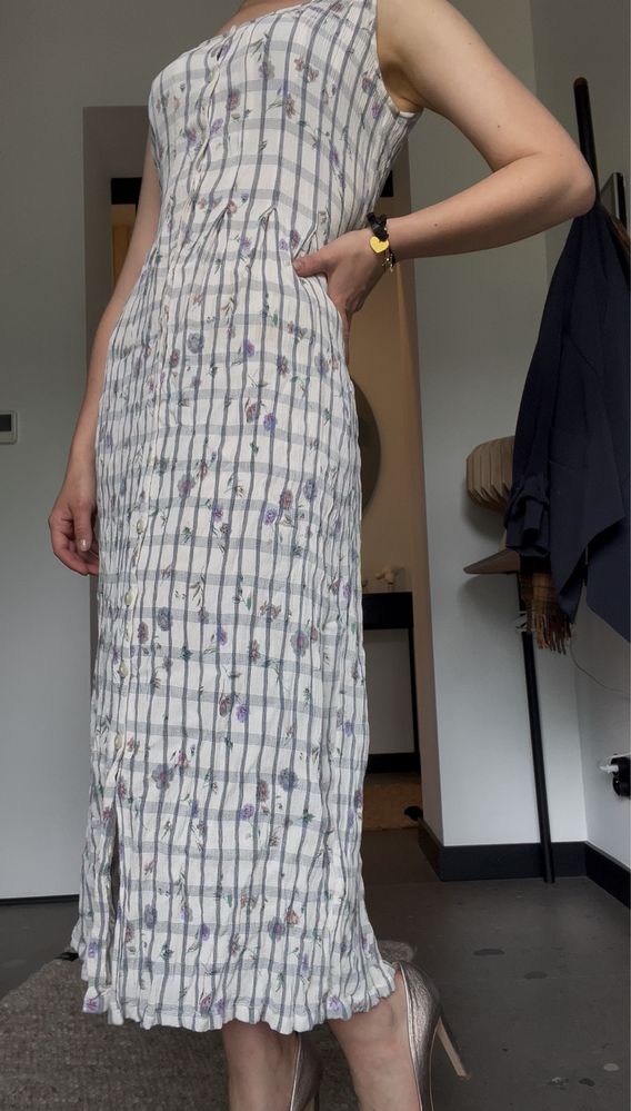 Midi vintage/retro sukienka w kratkę, kwiatki; M/L