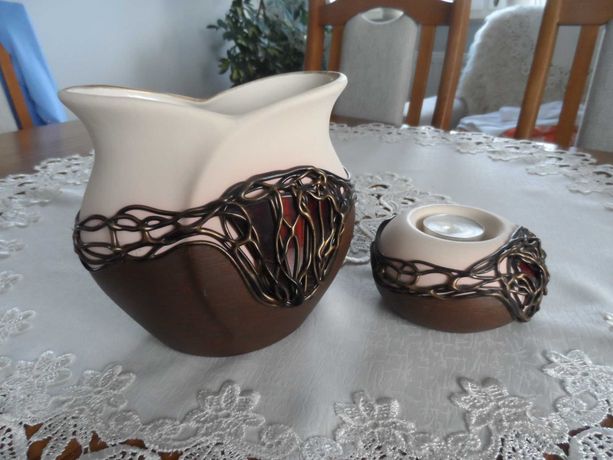 Komplet ozdobny ceramiczny - wazon i świecznik