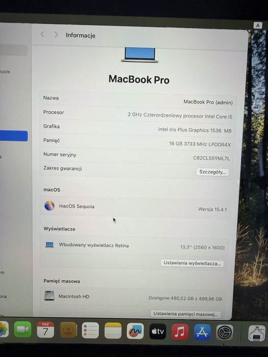 Macbook Pro 13” 2020 i5/16/500 Jak Nowy Bateria 238 cykli