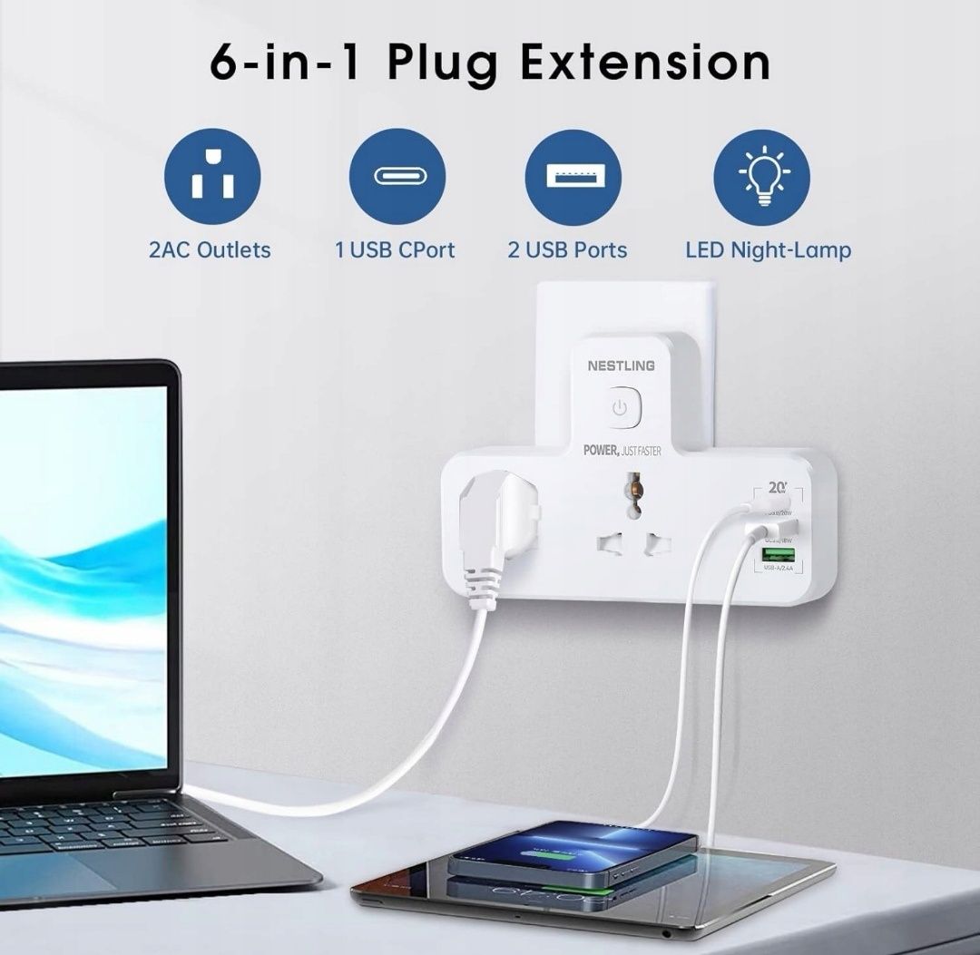 Adapter z podwójną wtyczką Nestling z 2 USB-A i 1 USB-C Z LAMPKĄ