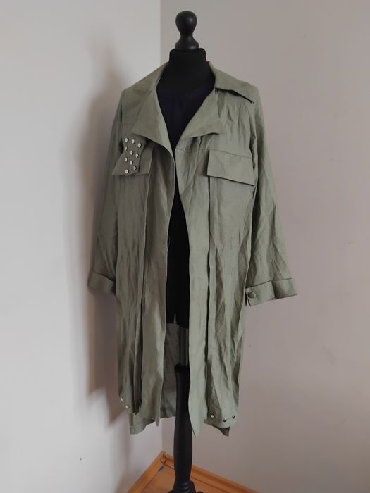 Zielony khaki płaszczyk narzutka luźny beż zapinania L M 38 40
