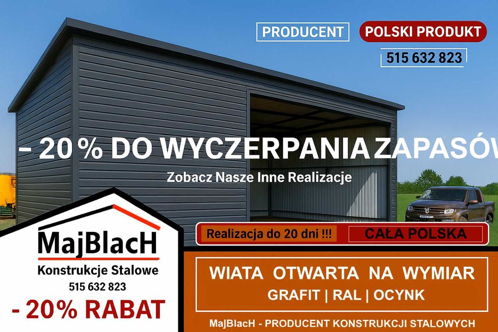 Garaż Blaszany Dwuspadowy/Wiata Stalowa/Konstrukcja Grafit –Maj-Blach