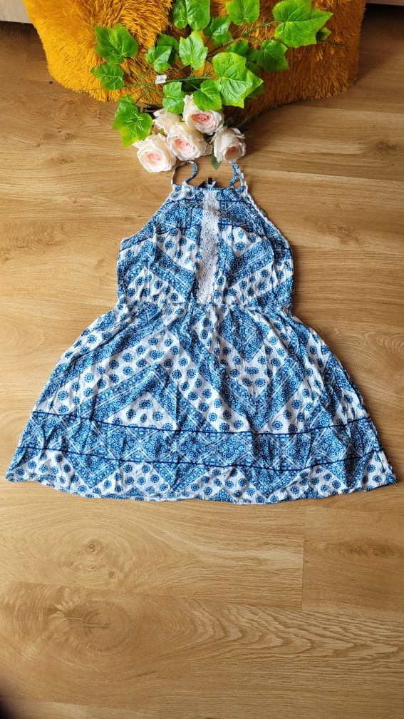 Sukienka letnia na ramiączka boho New Look biała niebieska krótka mini