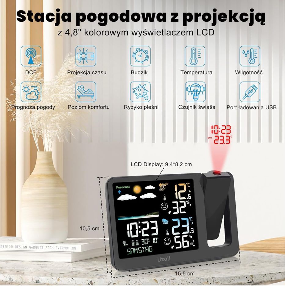 Uzoli EM3539A budzik z projektorem, cyfrowy budzik z projektorem