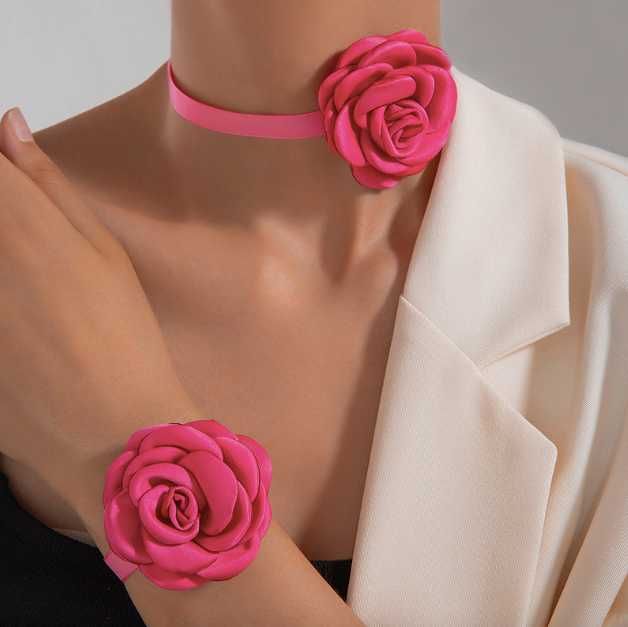ZESTAW Choker Bransoletka Różowa Róża Idealny na Prezent dla Kobiety