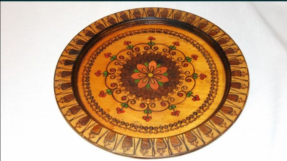 Talerz drewniany PRL 30cm bdb