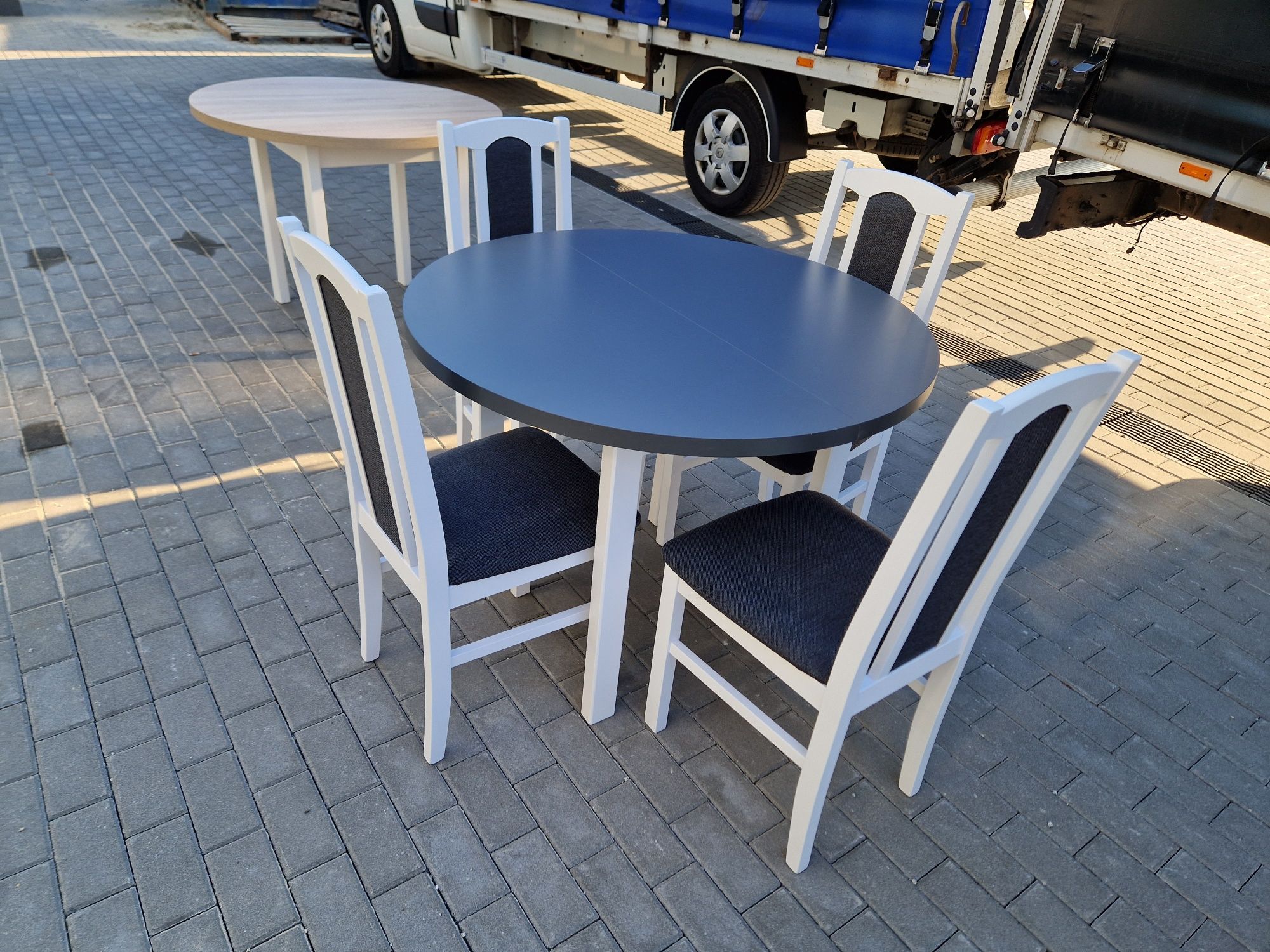Nowe: Stół okrągły + 4 krzesła, bialy/grafit + grafit , dostawa PL