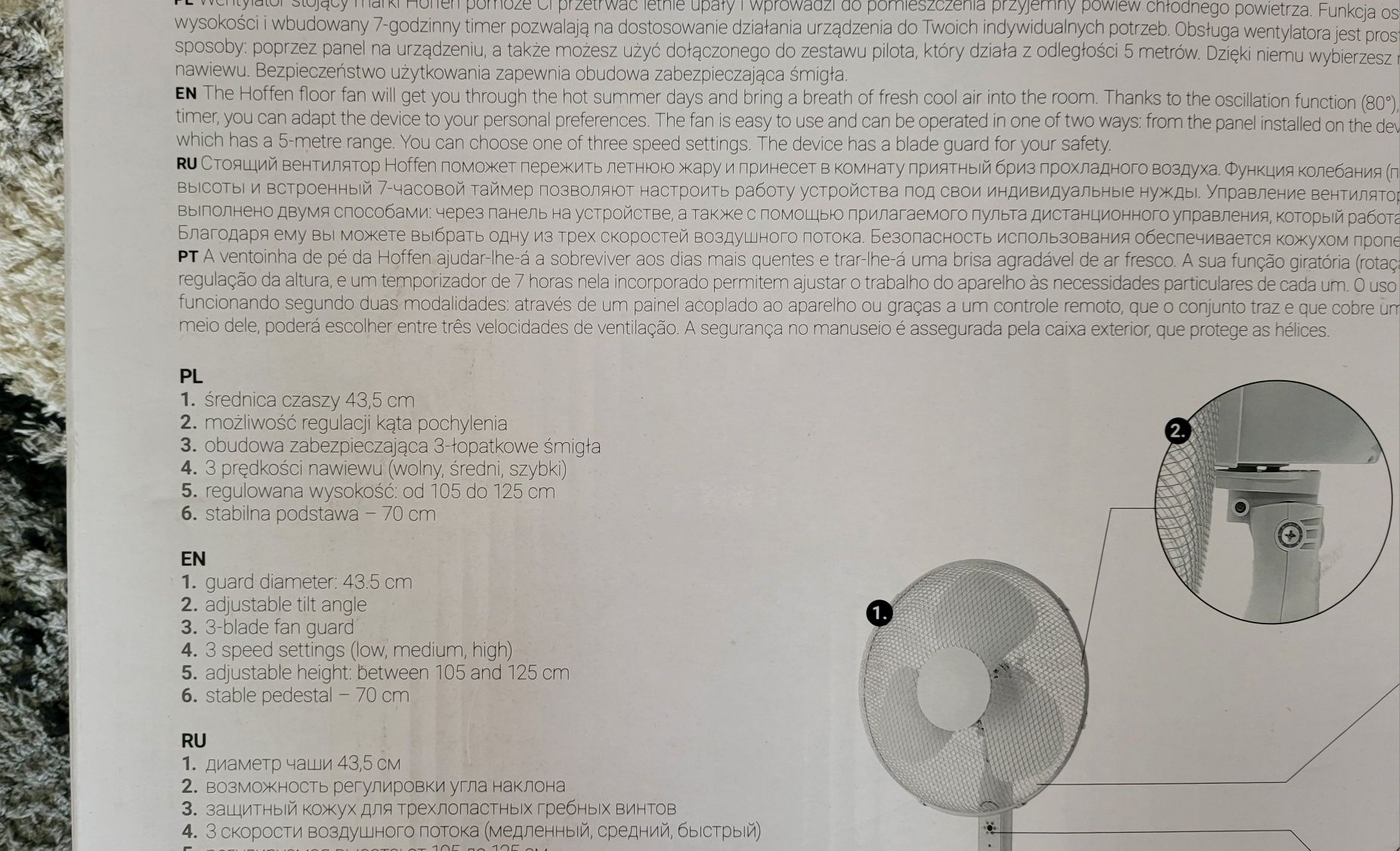 Wentylator podłogowy Hoffen - Pilot, timer, komplet producenta
