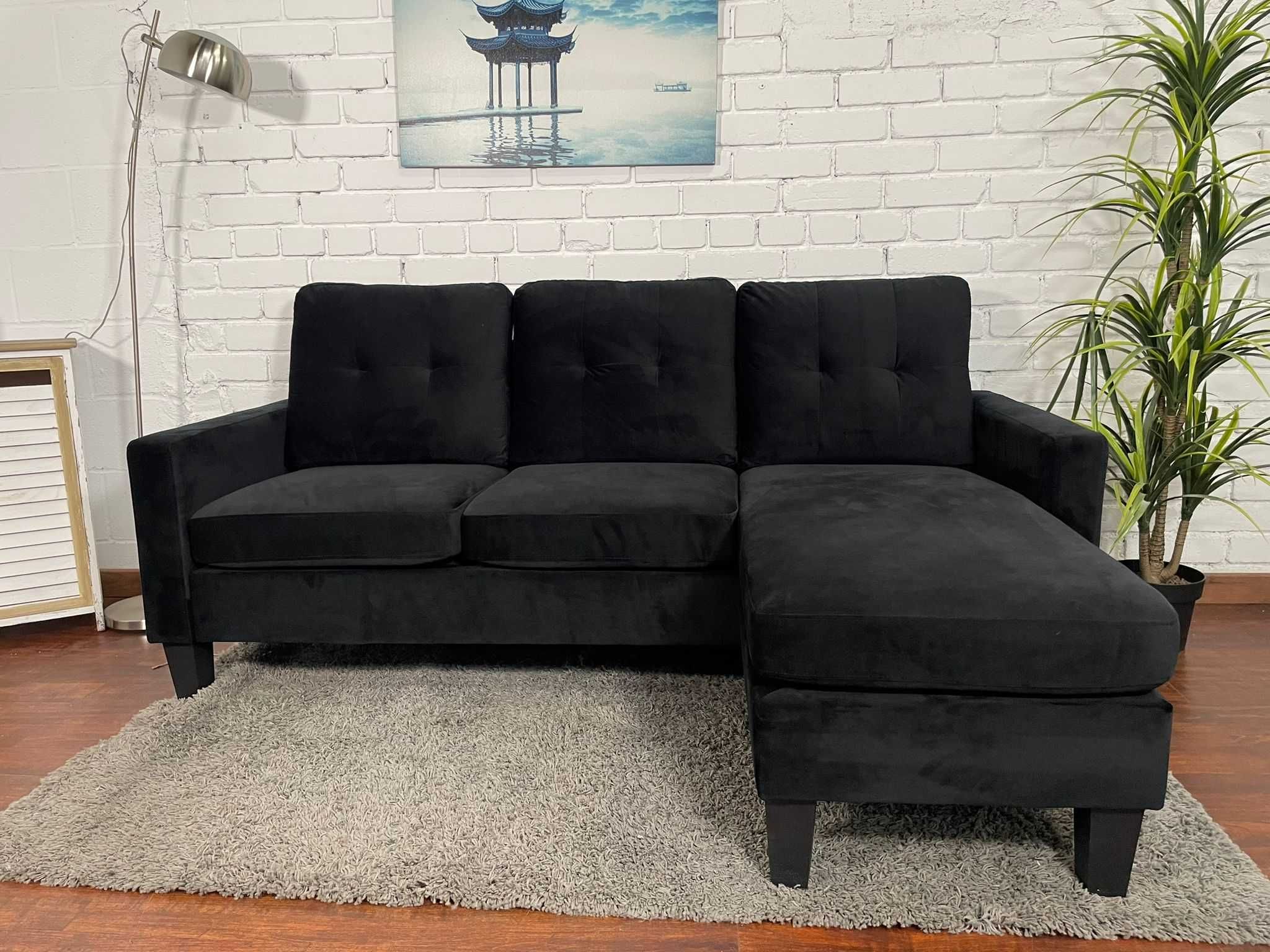 sofá chaise-longue reversível preto veludo NOVO *frete gratis*