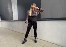 Dresy damskie welurowe w panterkę spodnie + bluza czarne r.L wys.24h