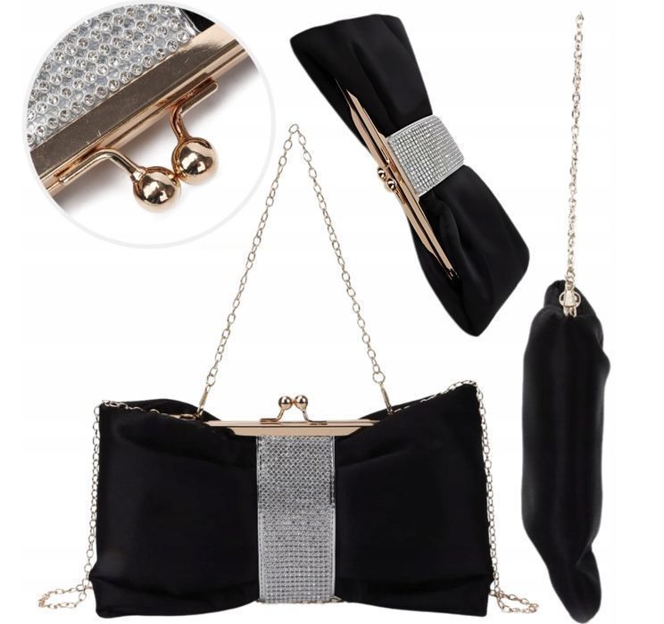 Wieczorowa Kopertówka Torebka na Ramię Czarna Satynowa Złoty Łańcuszek