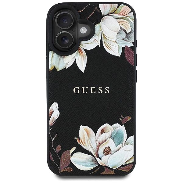 Etui Guess Grained Printed Flower Pattern MagSafe do iPhone 16 czarny