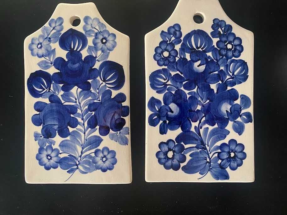 Deska do powieszenia Koło fajans kobalt niebieski zestaw unikat PRL