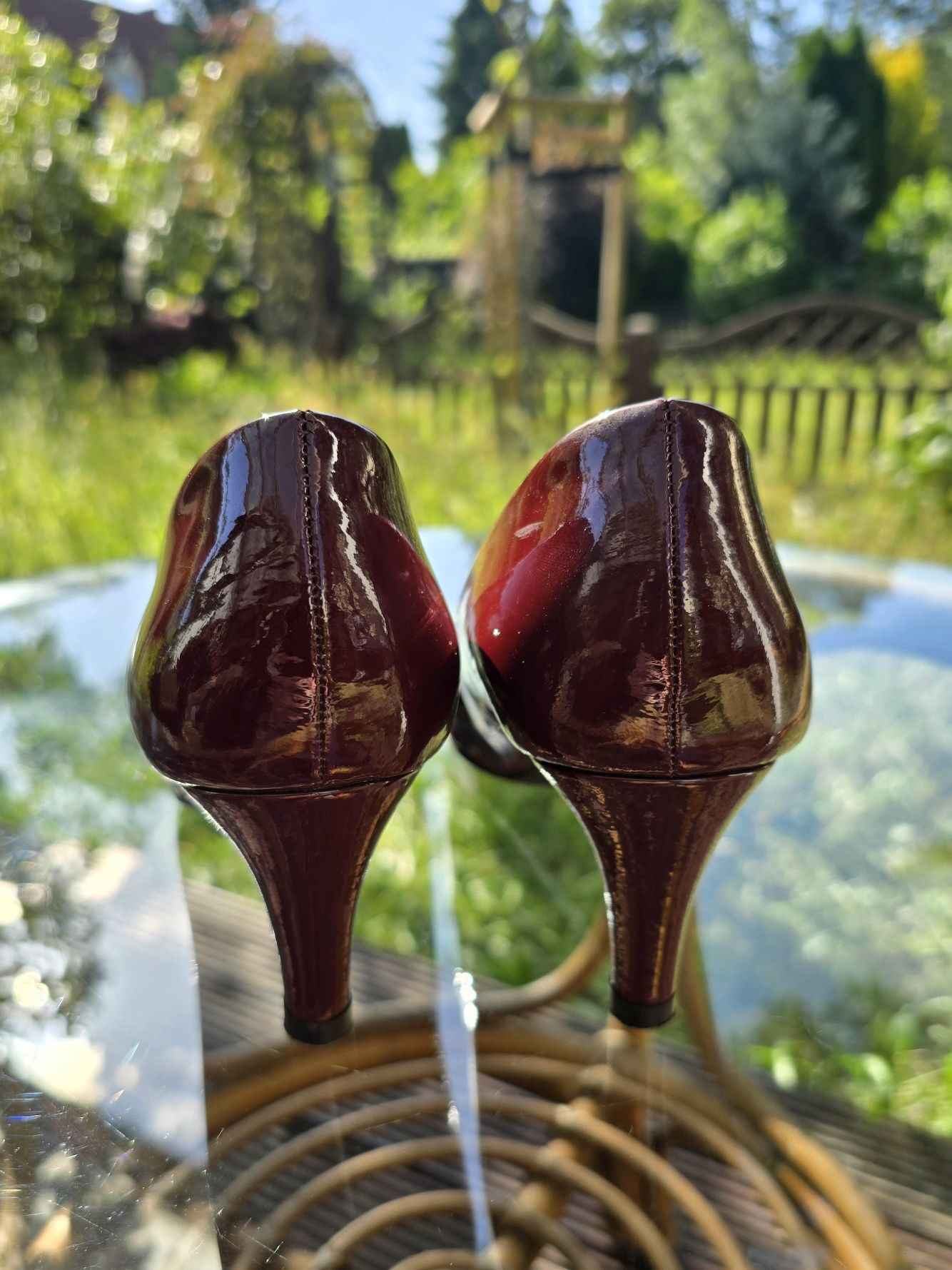 Ryłko Bordowe Buty na obcasie czółenka skóra lakierowana wine red