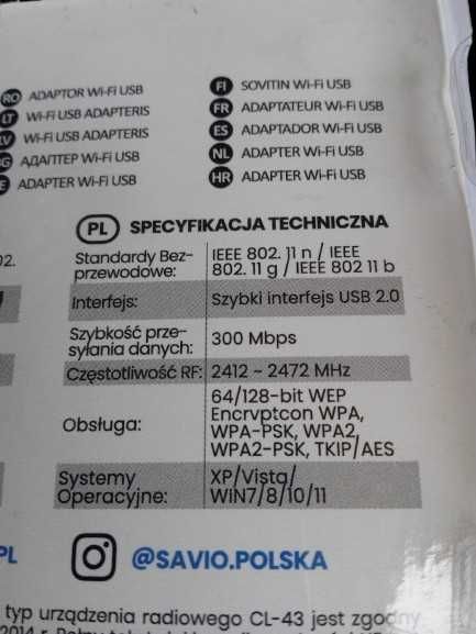 Adapter Wi-Fi USB (CL-43) SAVIO bezprzewodowy