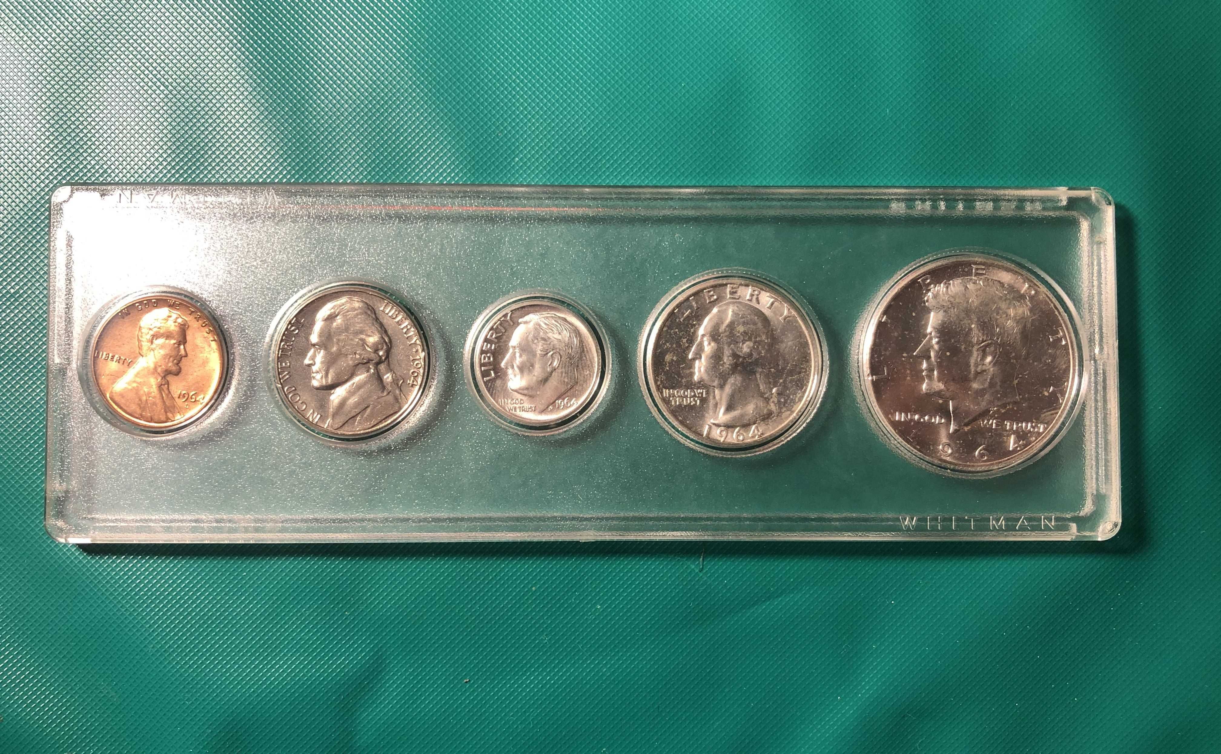 Conjunto 5 moedas, 1964, EUA, não circuladas