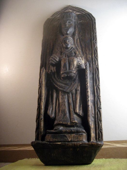 stara rzeźba w drewnie MADONNA Z DZIECIĄTKIEM do powieszenia na sciani