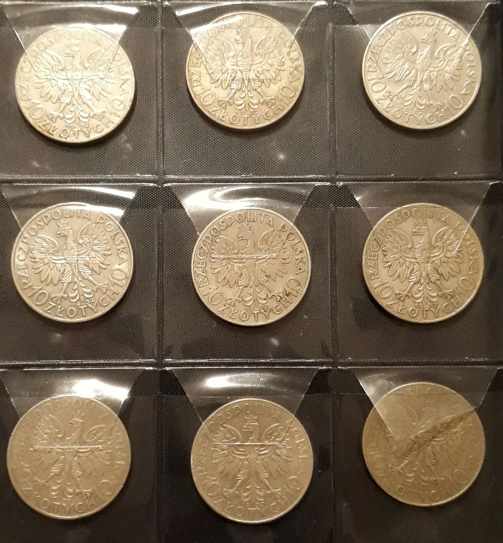 9 sztuk glowa kobiety 1932 zzm bzm i 1933 monety II RP