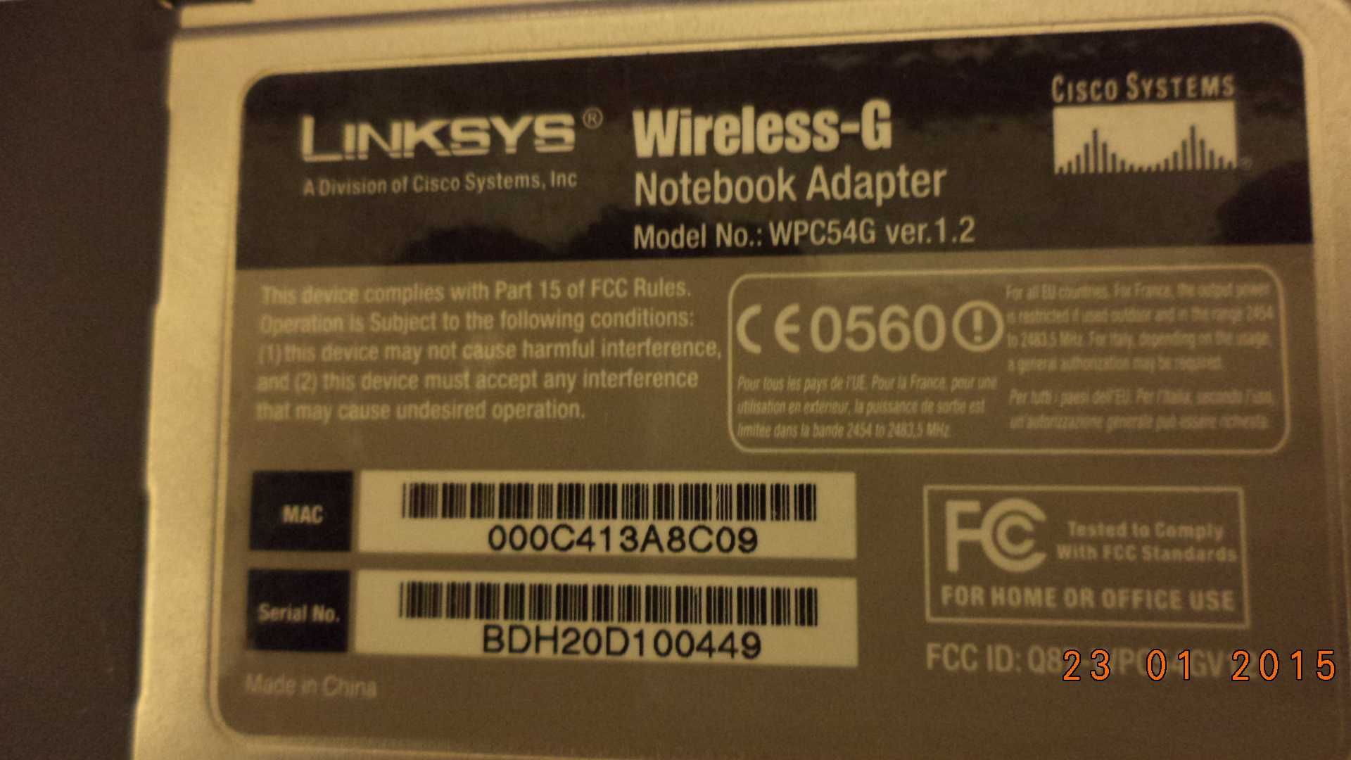 Wireless - G Notebook Adapter 2.4GHZ 802.11g - Linksys