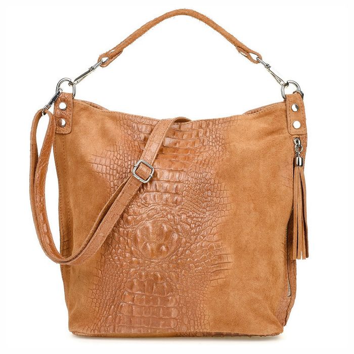 VERA PELLE torebka damska zamszowa worek kroko z paskiem V476 camel