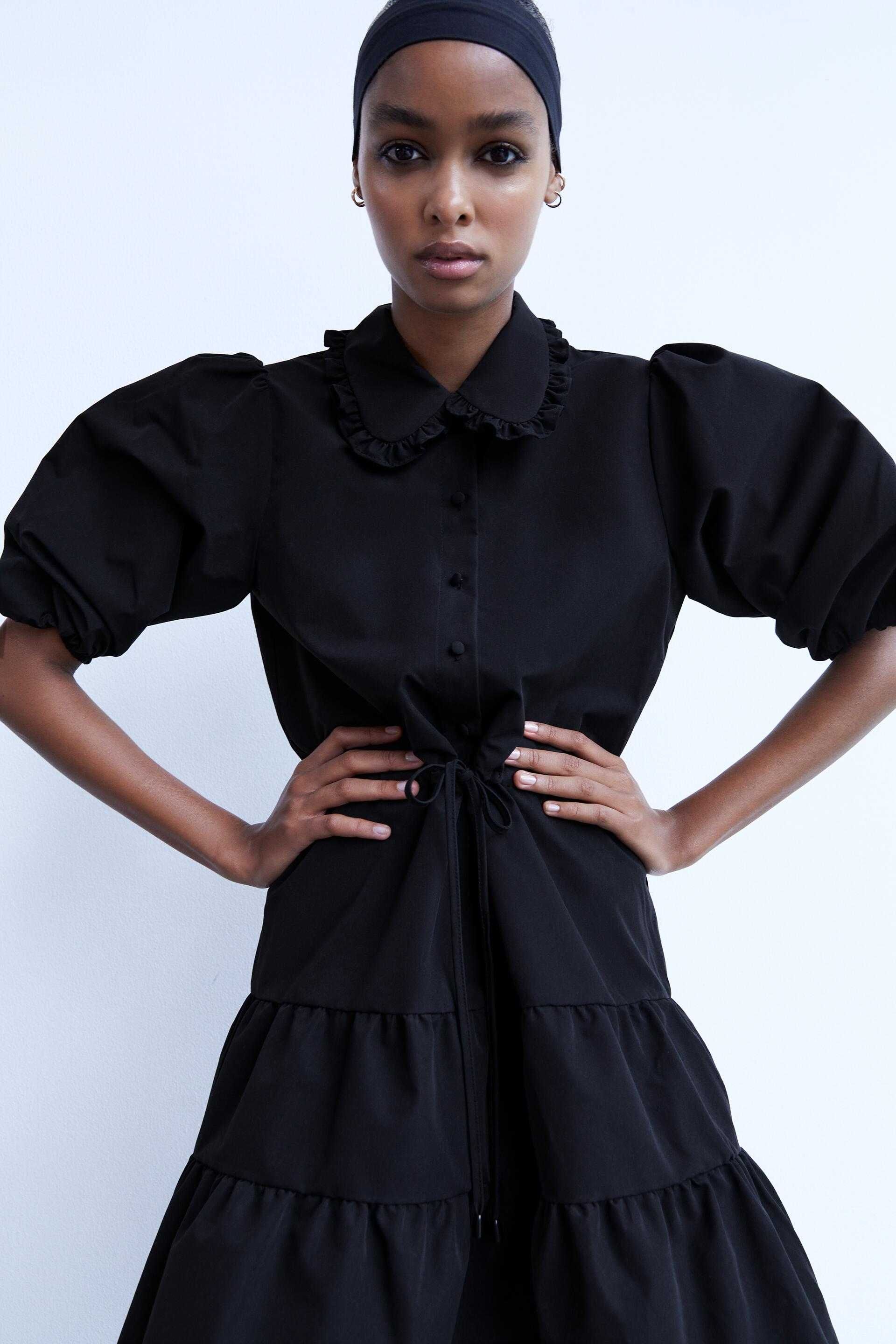 Черное платье мини зара сукня из поплина с объемными рукавами от ZARA