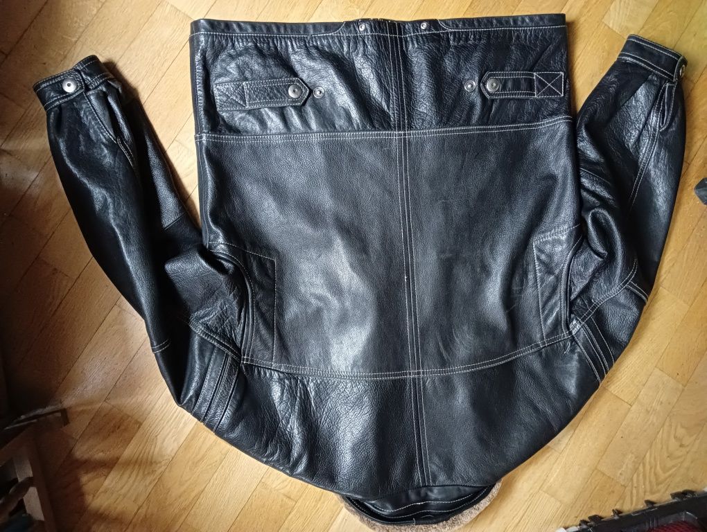 Solidna kurtka skórzana vintage Ochnik XL skóra kołnierz kożuch wełna