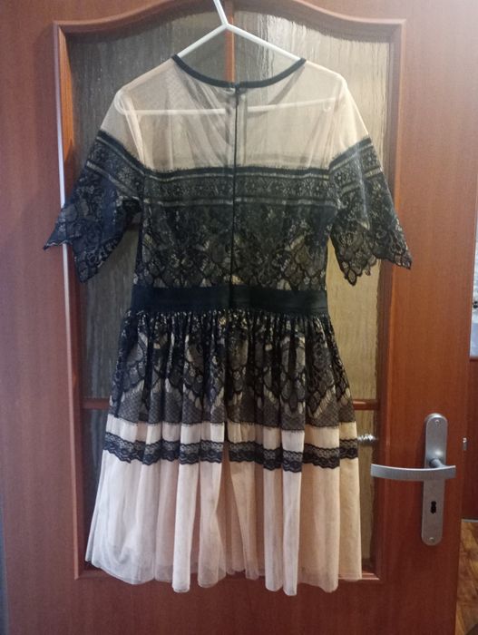 Sukienka koronka i tiul roz M/L czarno-beżowa
