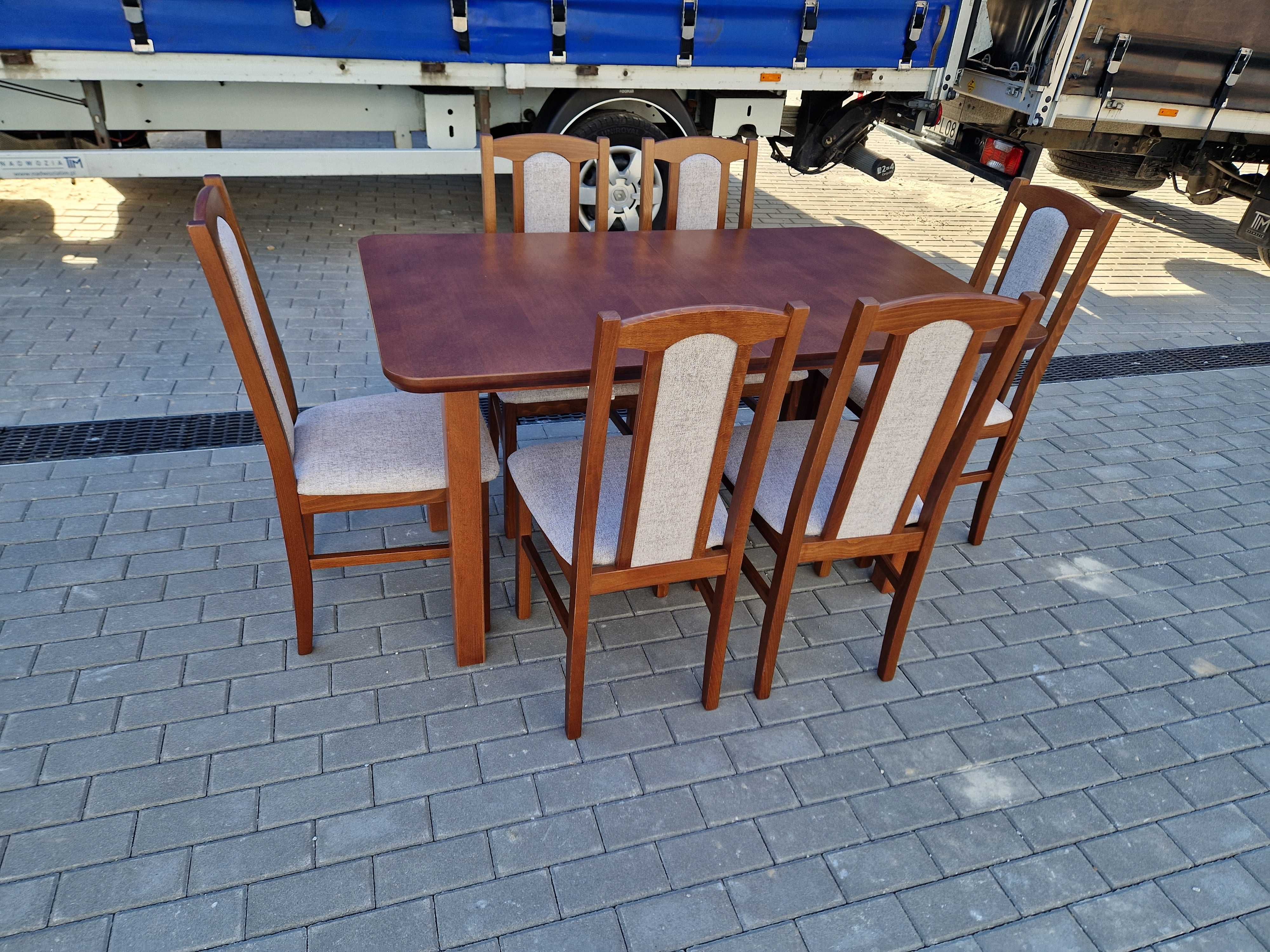 Nowe: STÓŁ 80x140/180 + 6 KRZESEŁ , kasztan + kawa z  mlekiem FORNIR