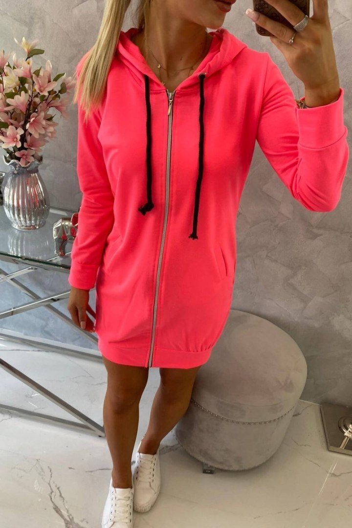 Bluza sukienkowa różowy neon z kapturem i zamkiem | Długa | UNI