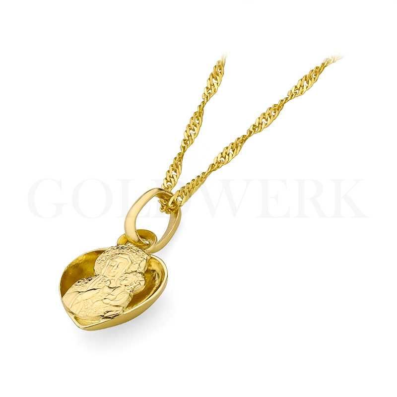 Złoty Medalik 585 z Matką Boską Częstochowską w Sercu Złote Serce