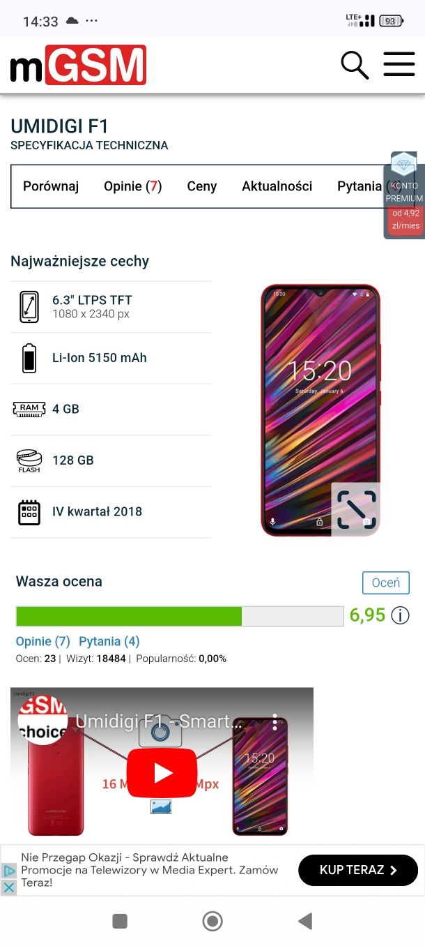 UMIDIGI F1 duży smartfon z Androidem