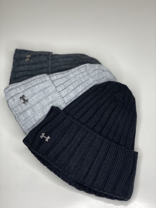 Мужская шапка Under Armour на флисе черная серая зимняя с отворотом