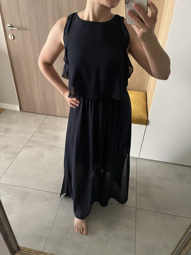 granatowa długa lekka sukienka, rozm 36, H&M, na lato idealna