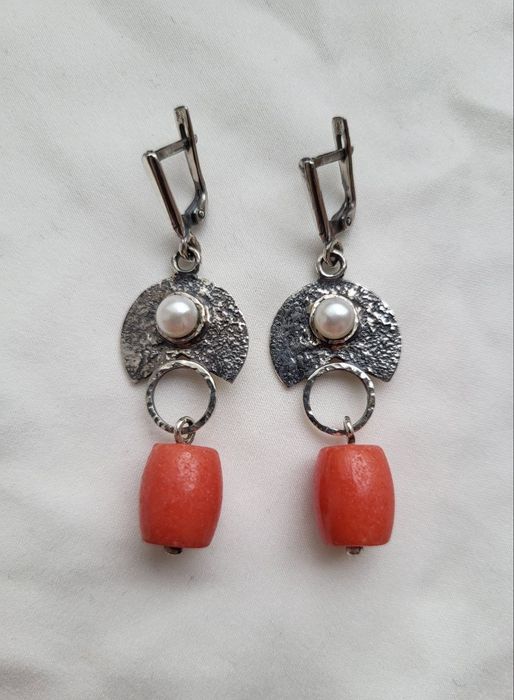 Серьги новые натуральный жемчуг коралл серебро 925 пробы