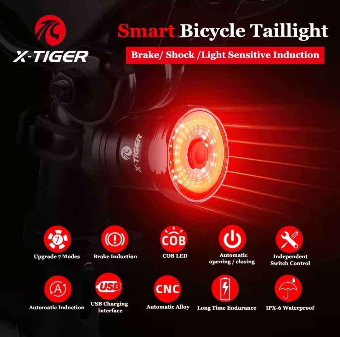 Lampka rowerowa Tylna LED X-TIGER WD-1103 Auto Hamowanie USB-C Jakość